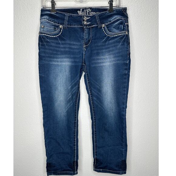 Wallflower Dark Blue Wash Low Rise Whiskered Embroidered Crop Jean 28 - Picture 1 of 13